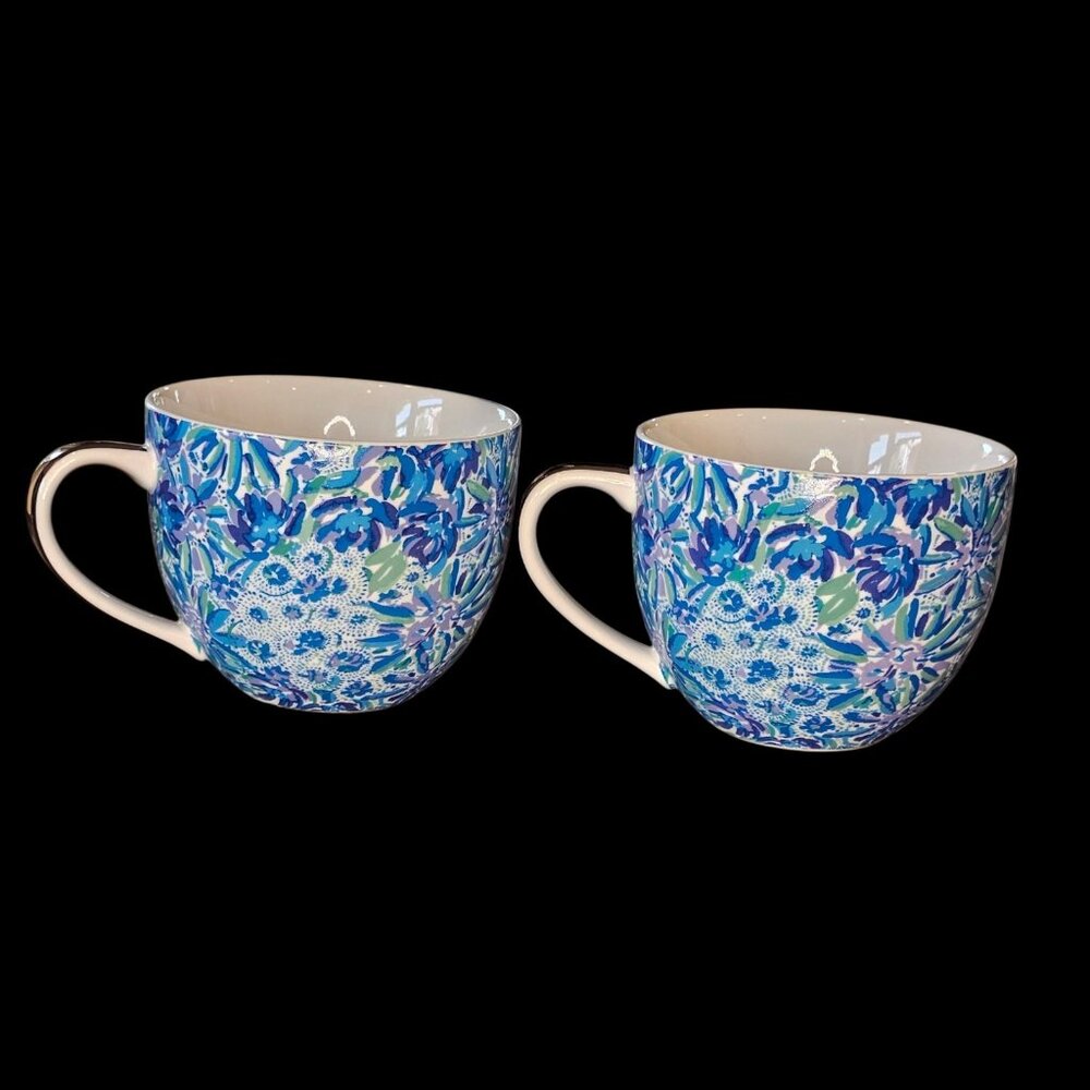 Lilly Pulitzer Coffee‎ Mugs Cups Floral 12 Ounce Blue Gold Handle Set 2 Coastal